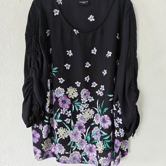 Liz Claiborne Blouse Womens  3XL Floral 3/4 Chiffon Tie Sleeve Tassles - Picture 10 of 11